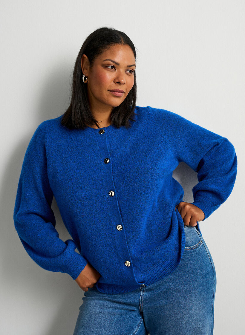 Cardigan in zacht breisel met goudkleurige knopen, Turquoise, Model image number 0