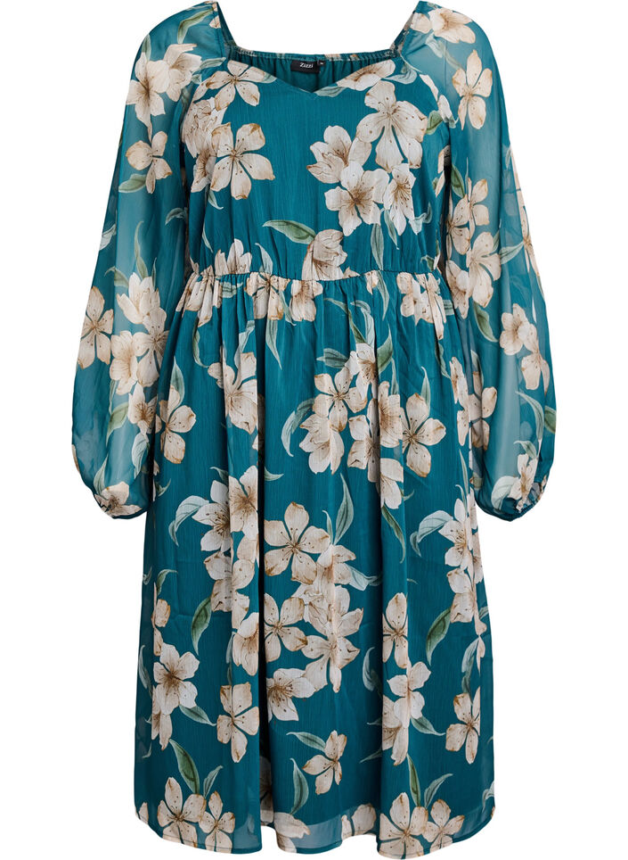 Chiffon feestjurk met lange mouwen, Groen, Packshot image number 0