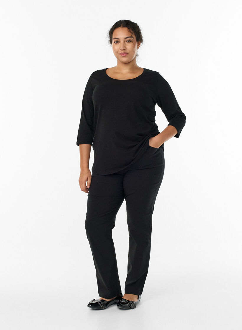 Basic katoenen t-shirt met 3/4 mouwen, Zwart, Model image number 1