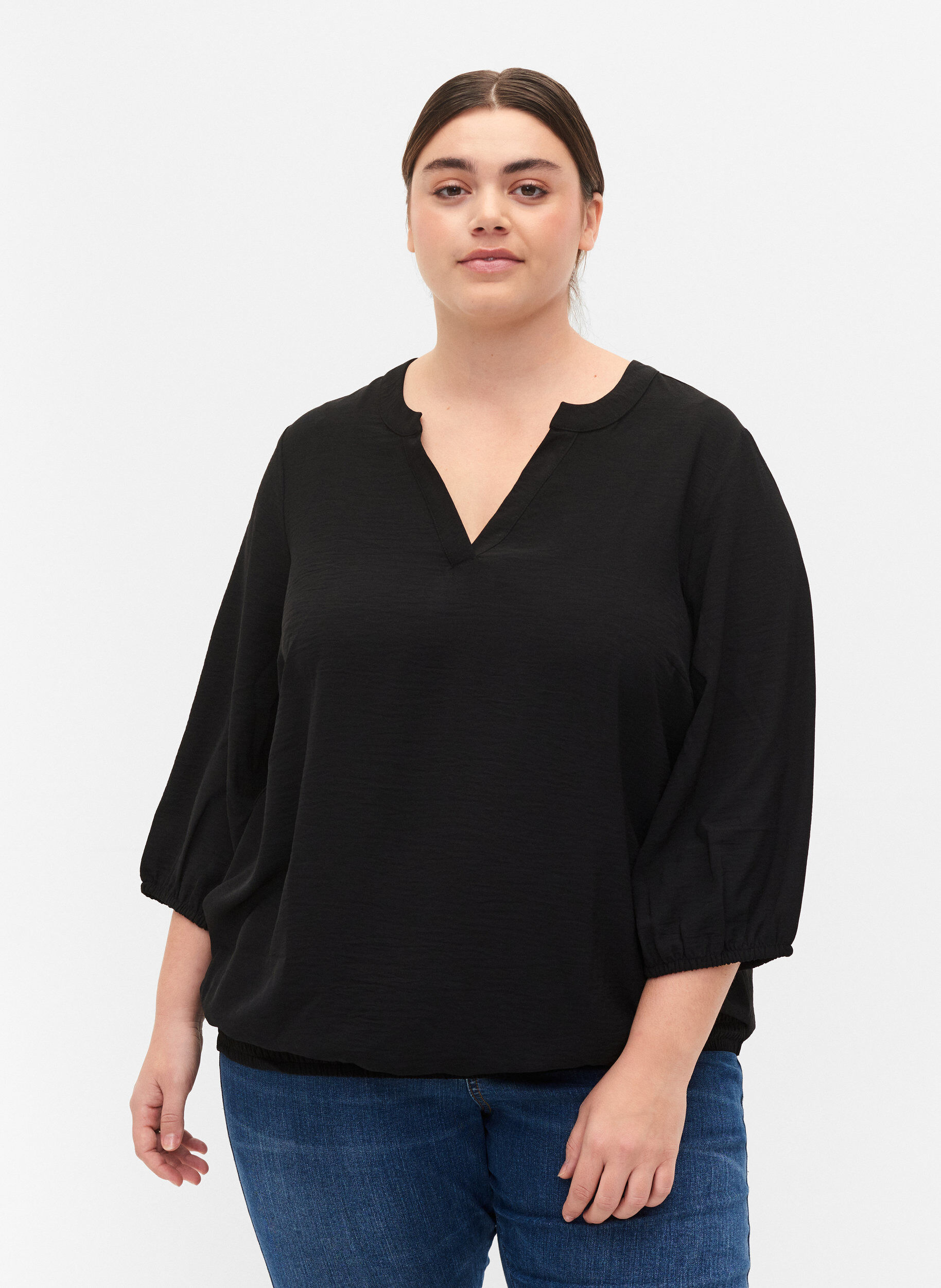 Zizzi Blouse &agrave; smocks et manches 3/4, Black, Model image number 0