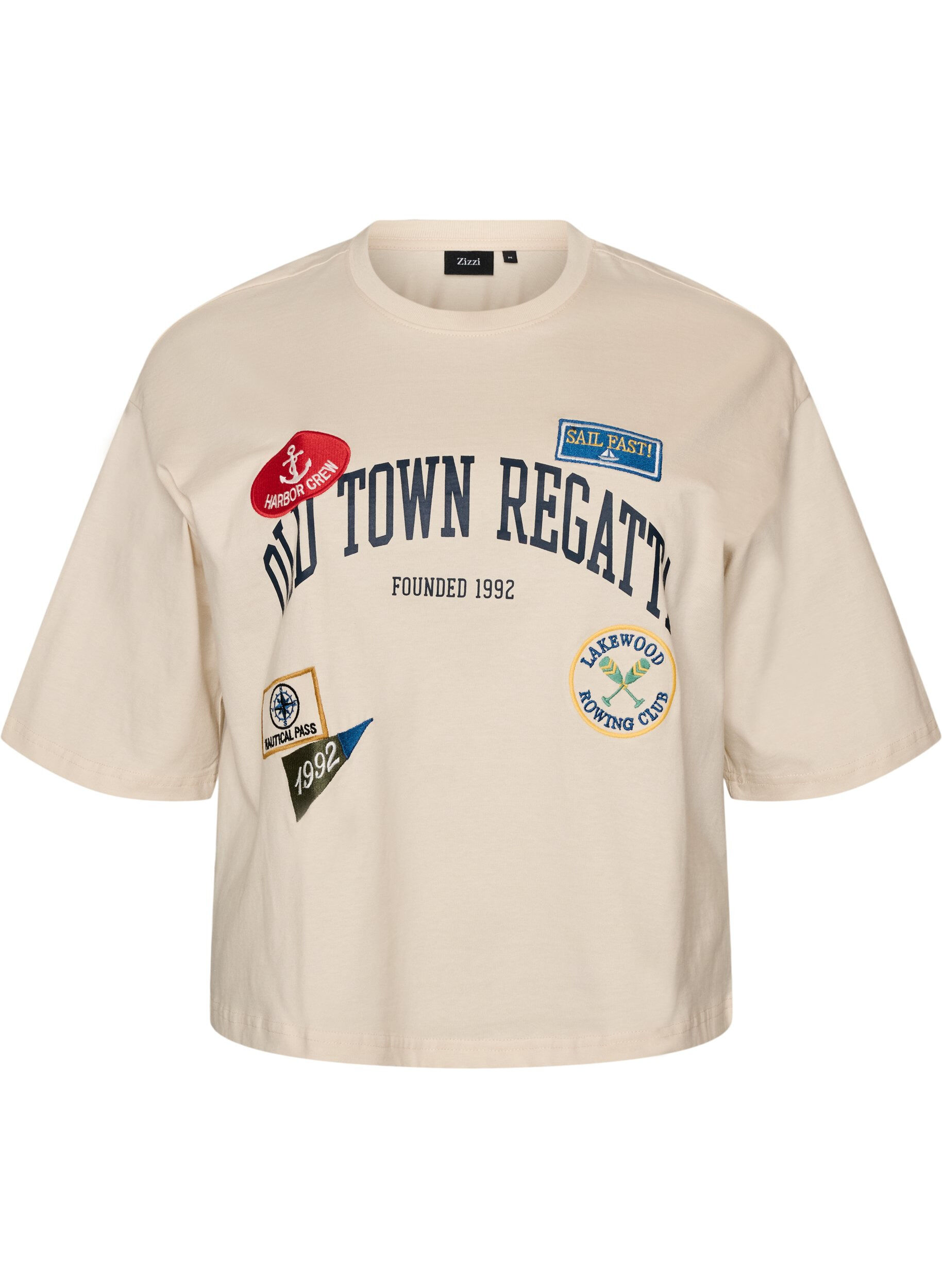 ZizziT-shirt met tekstprint en badges, Beige, Packshot image number 0