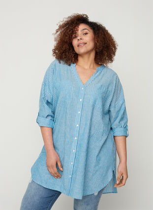 Gestreepte blouse in 100% katoen, Blue Stripe, Model image number 2