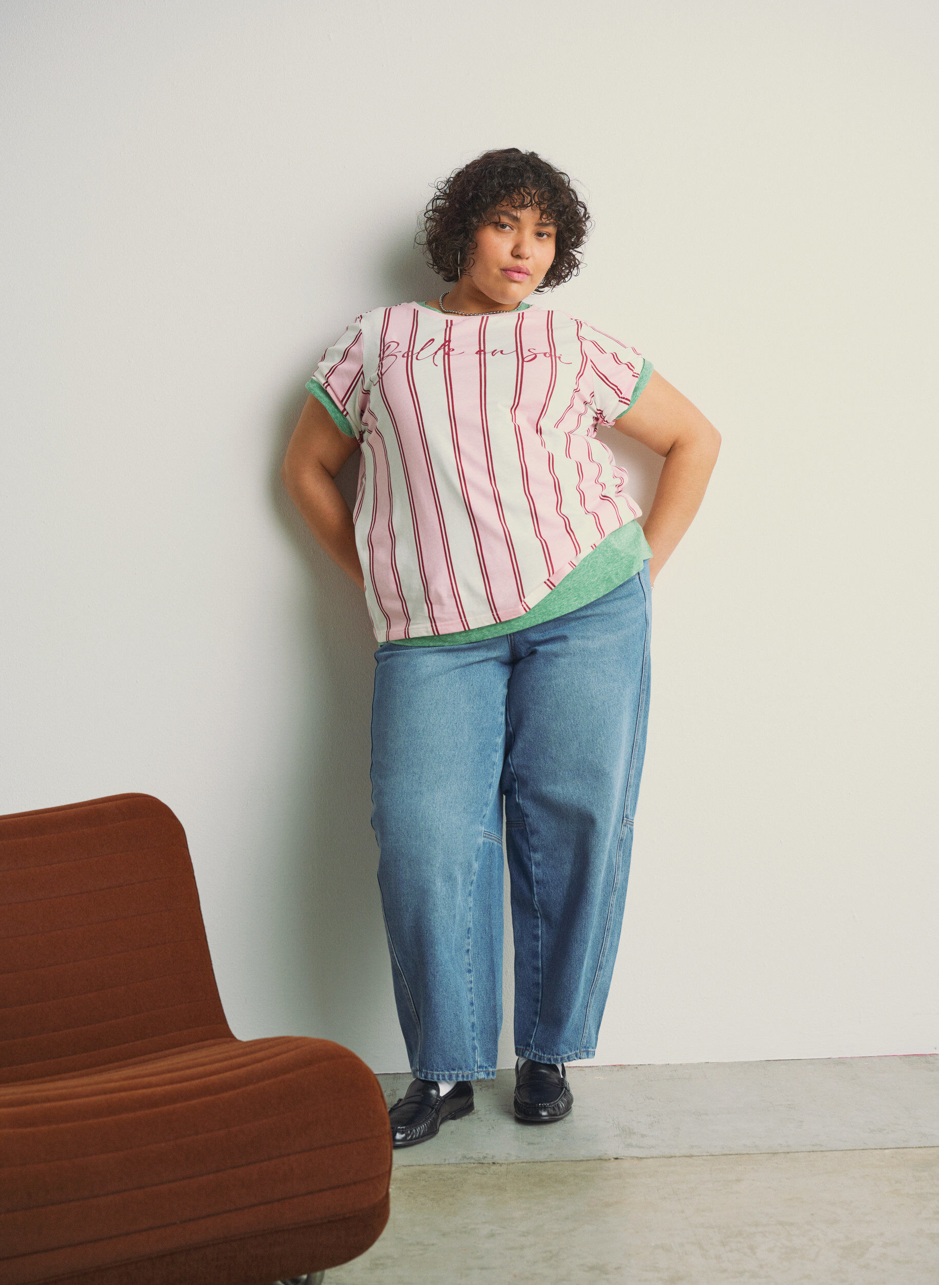 ZizziT-shirt met strepen en tekstprint, Roze, Image image number 0