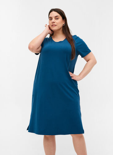 Katoenen jurk met korte mouwen en split, Majolica Blue, Model image number 0