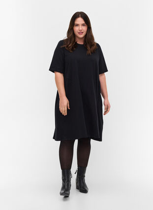  Katoenen jurk met korte mouwen en plooi, Black, Model image number 2