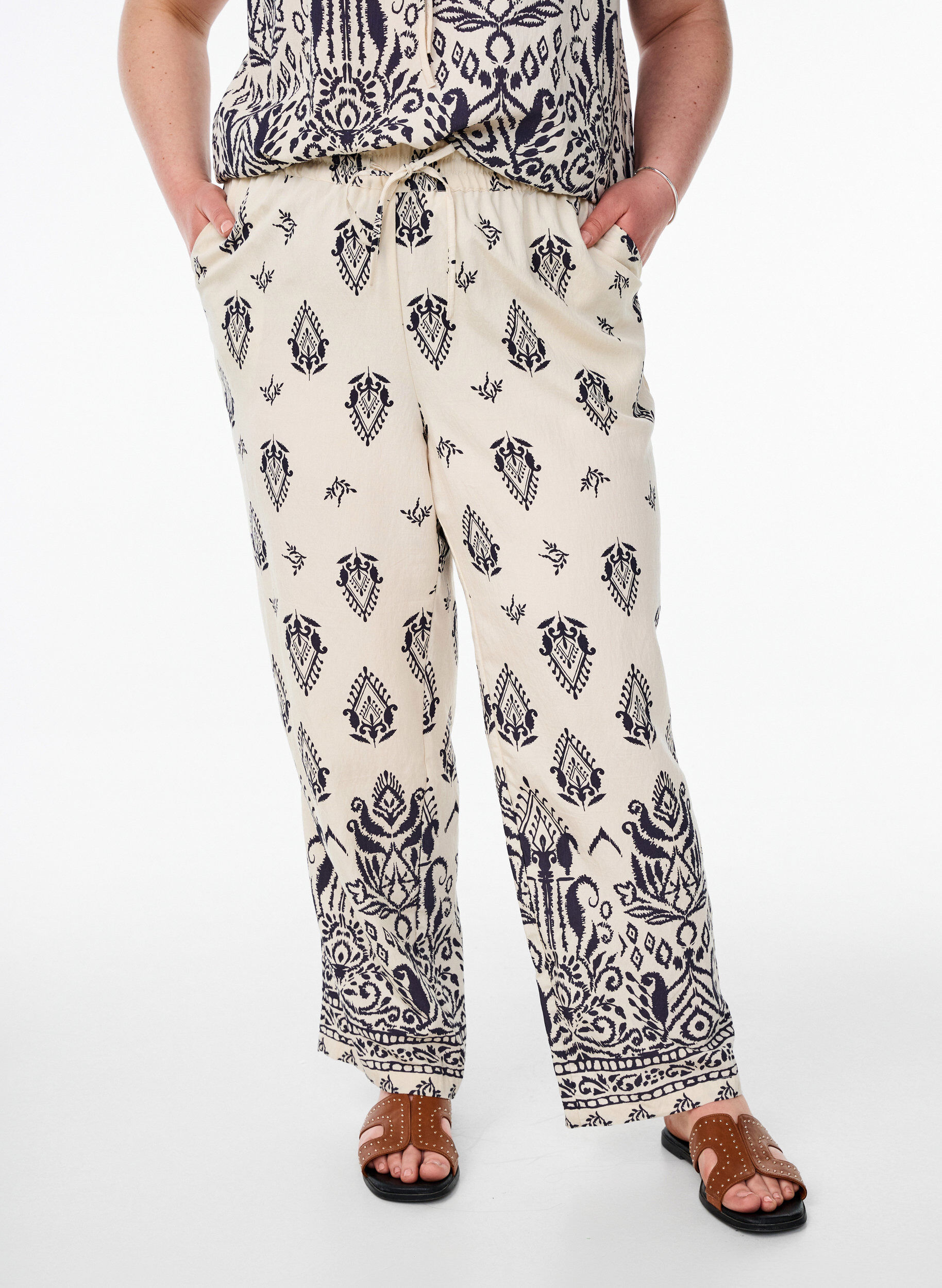 ZizziLosse broek met print en hoge taille, Beige, Model image number 3