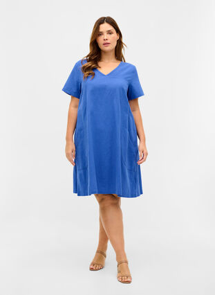 Katoenen jurk met korte mouwen, Dazzling Blue, Model image number 2