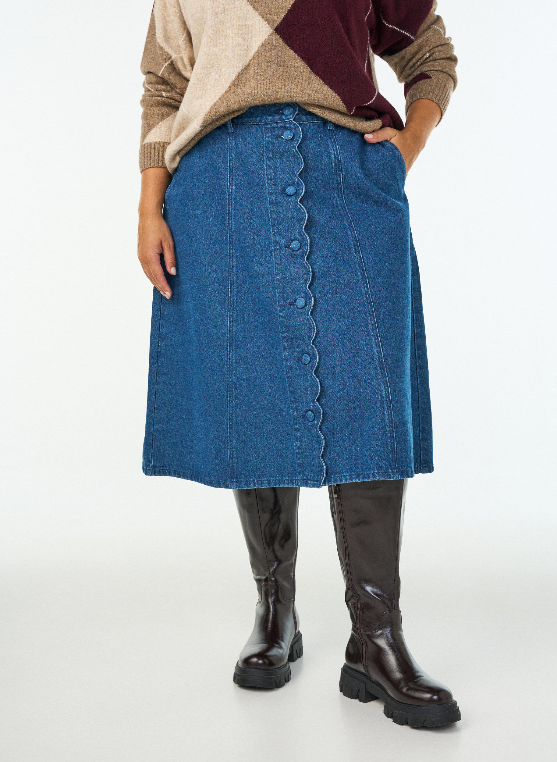 ZizziA-lijn denimrok met golvende knoopsluiting, Blauw, Model image number 2