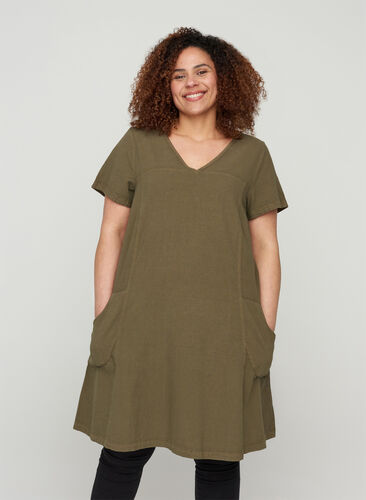 Robe à manches courtes en coton, Ivy Green, Model image number 0