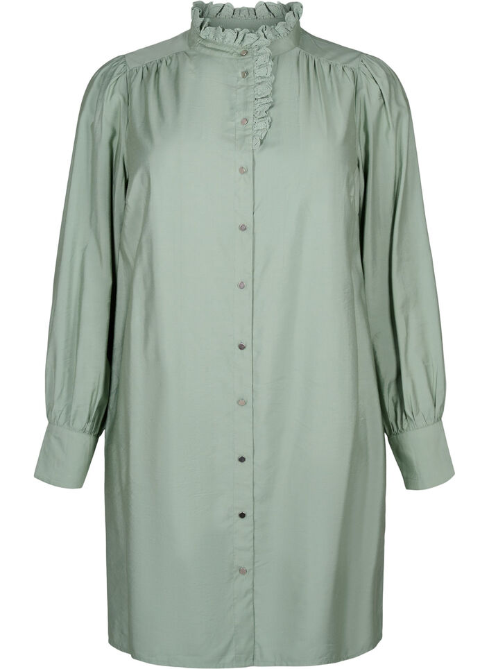 Viscose Shirt Jurk met ruffles, Groen, Packshot image number 0