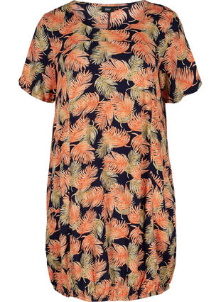 Viscose jurk met print en korte mouwen , Orange Leaf, Packshot image number 0