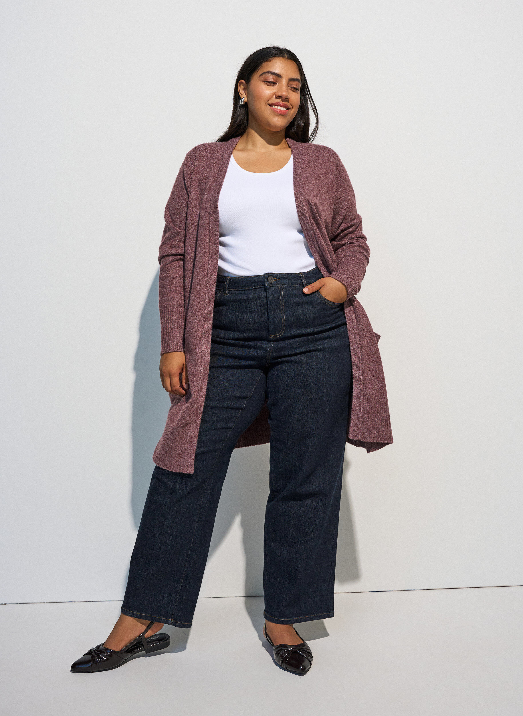ZizziCardigan en tricot c&ocirc;tel&eacute; avec poches, Rose poudr&eacute;e, Model image number 1
