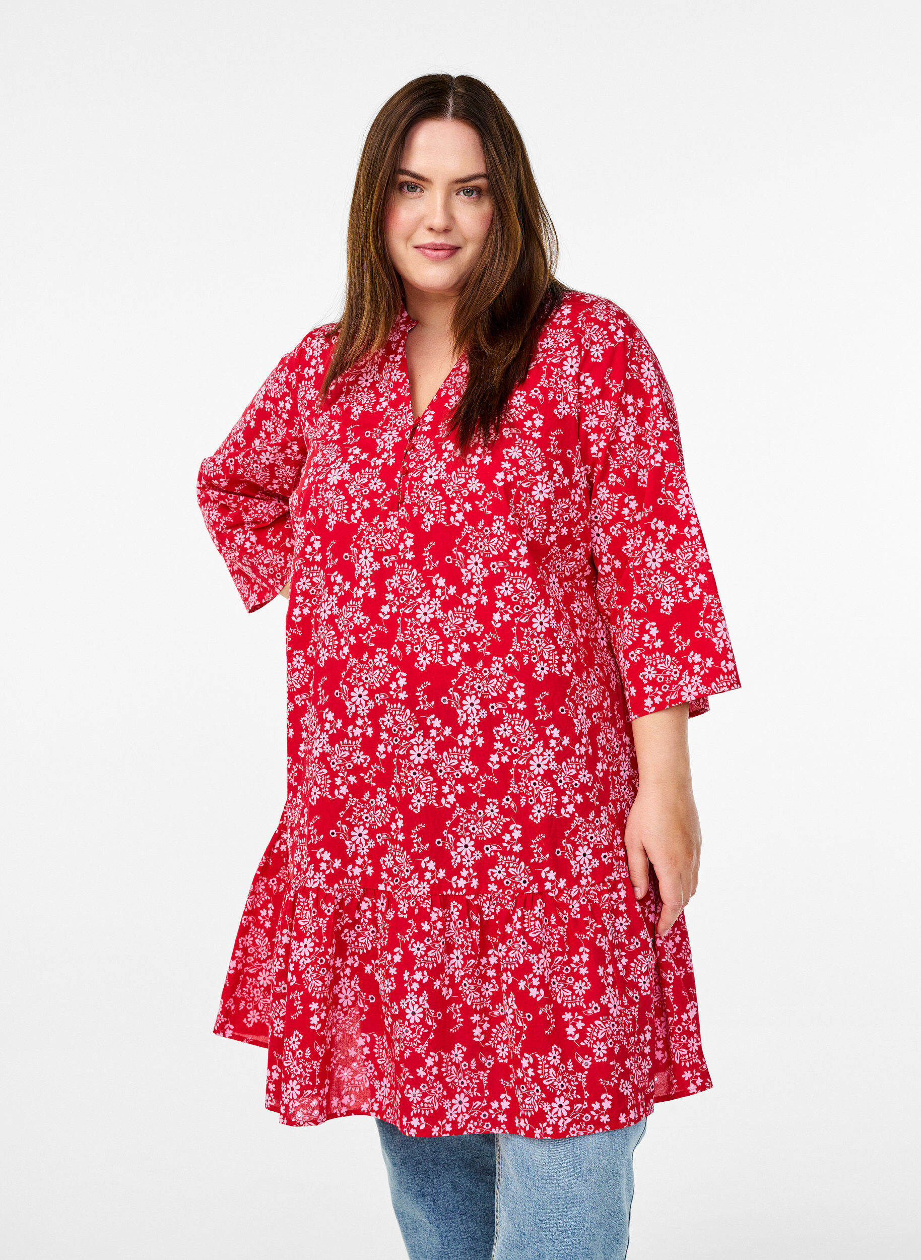 Robe mi-longue &agrave; imprim&eacute; floral et manches 3/4, Rouge, Model