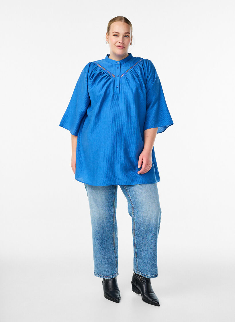 Tunique avec finitions crochet et texture rayée, Bleu, Model image number 1