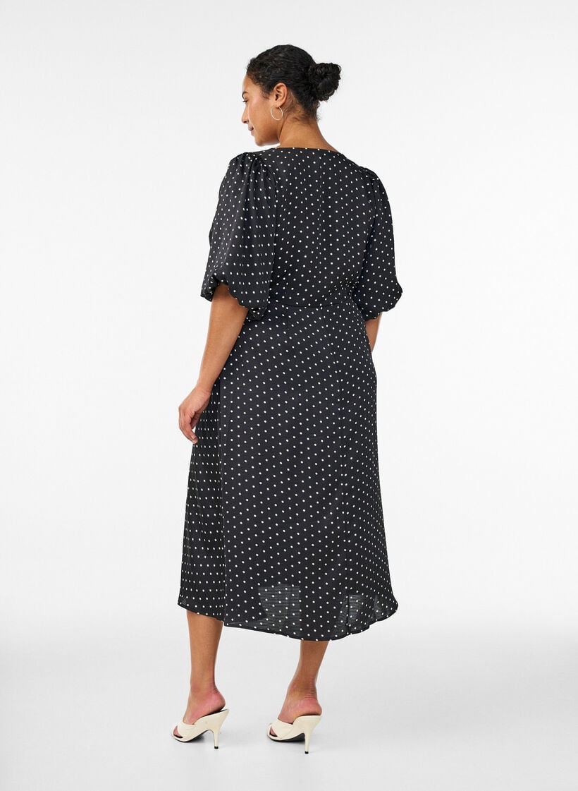 Polkadot midi-jurk met vierkante halslijn, Zwart, Model image number 1