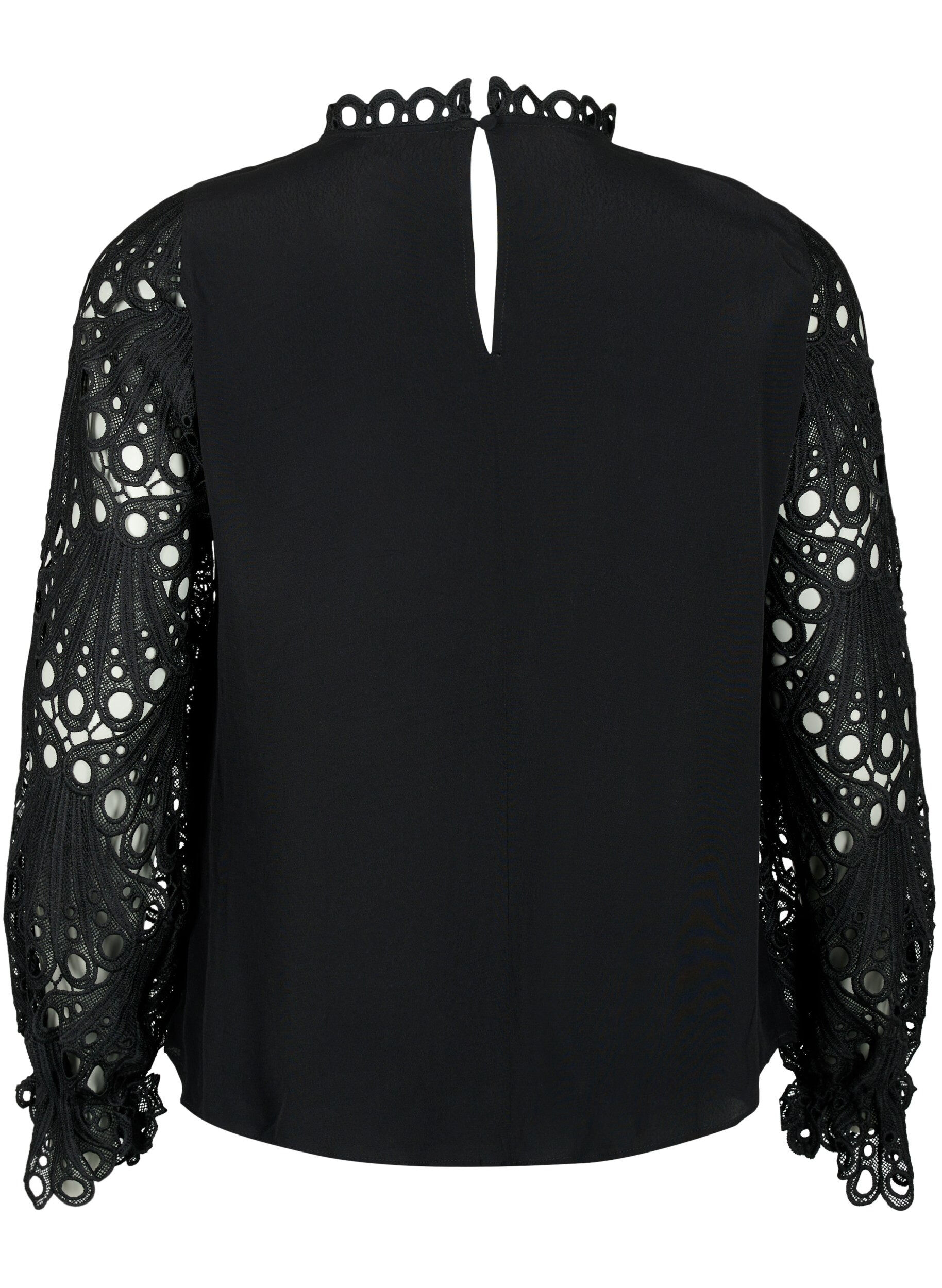 ZizziViscose blouse met crochet mouwen, Black, Packshot image number 1