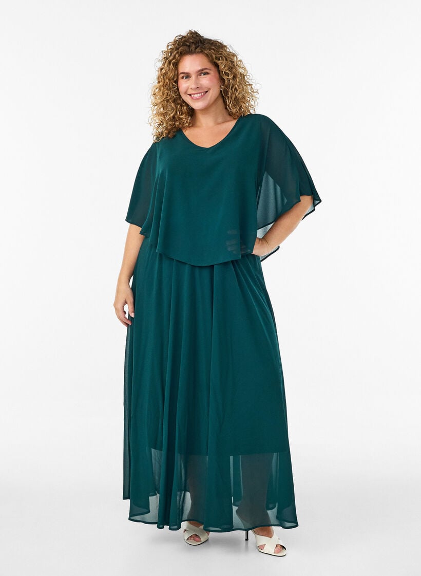 Robe longue &agrave; manches courtes, coupe &eacute;vas&eacute;e, Vert fonc&eacute;, Model image number 0