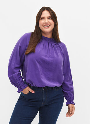 Viscose blouse met lange mouwen en ruches, Prism Violet, Model image number 0