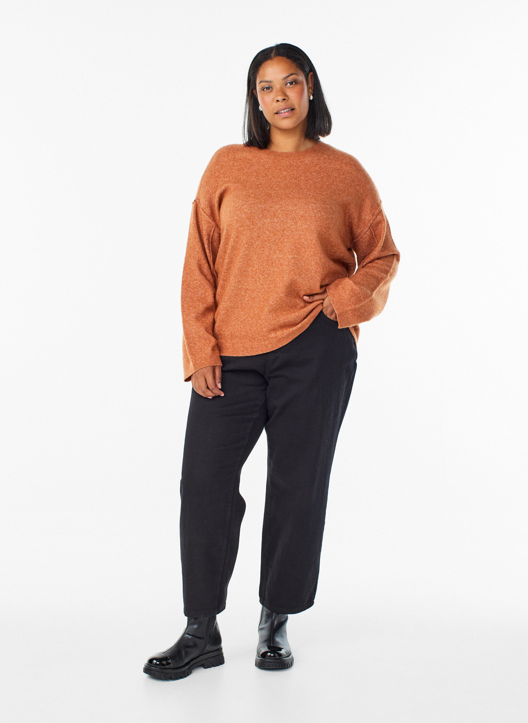 ZizziLosvallende gebreide trui met opvallende naden, Oranje, Model image number 1