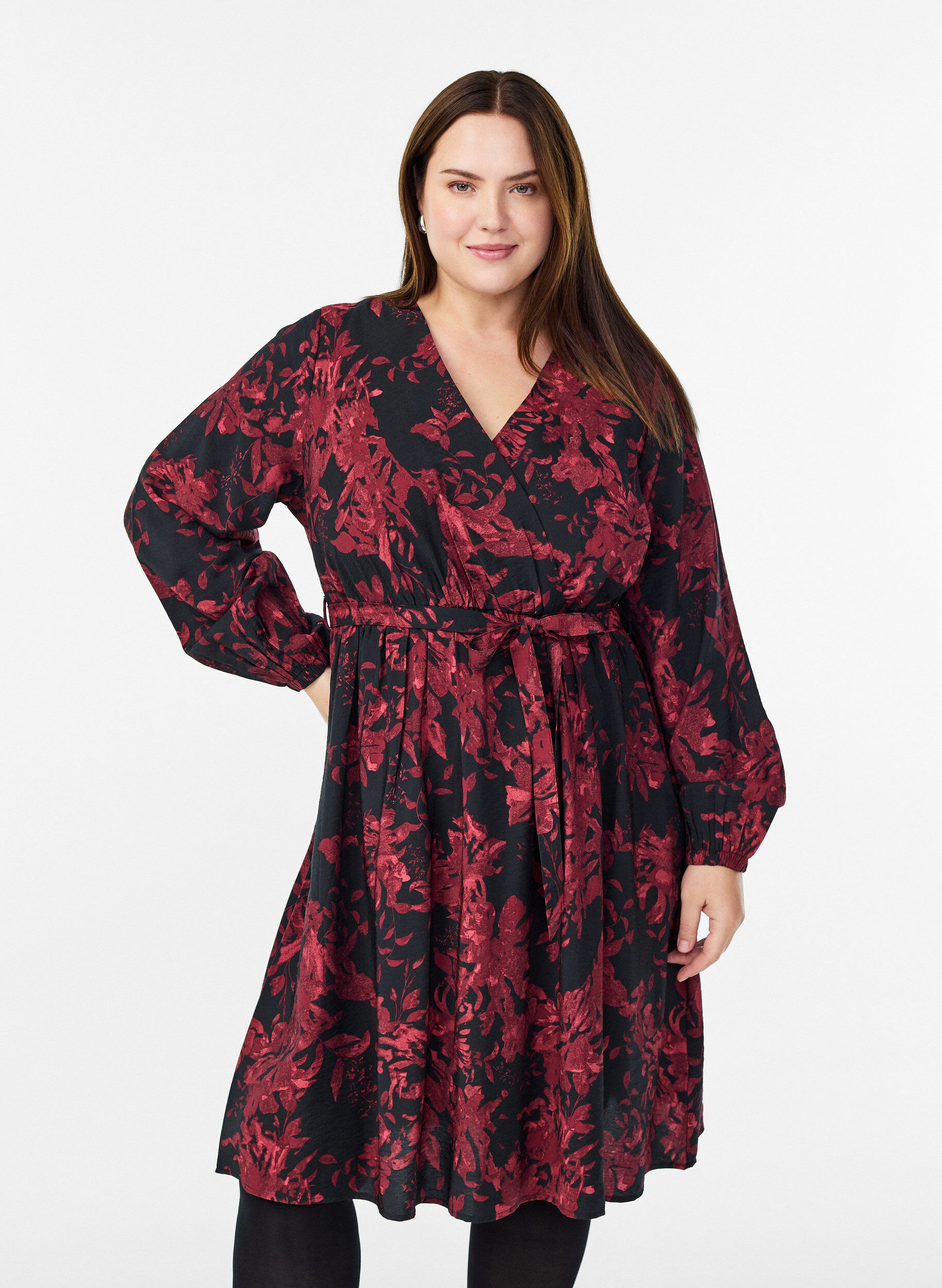 Robe mi-longue avec ceinture &agrave; nouer et effet portefeuille, Noir, Model