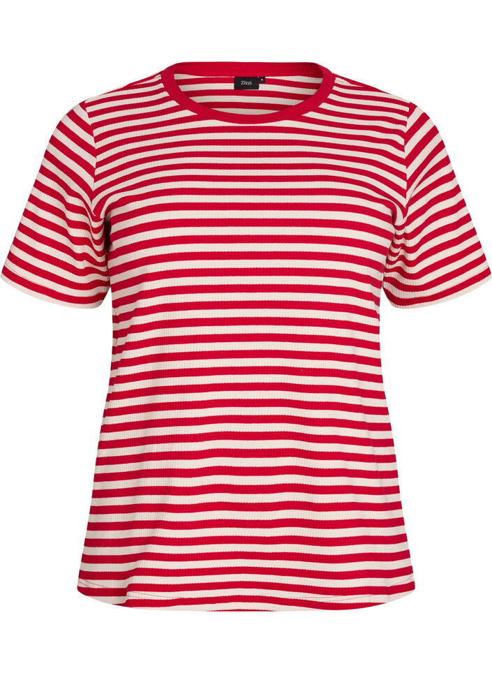 Gestreept T-shirt met geribbelde textuur, Rood, Packshot image number 0