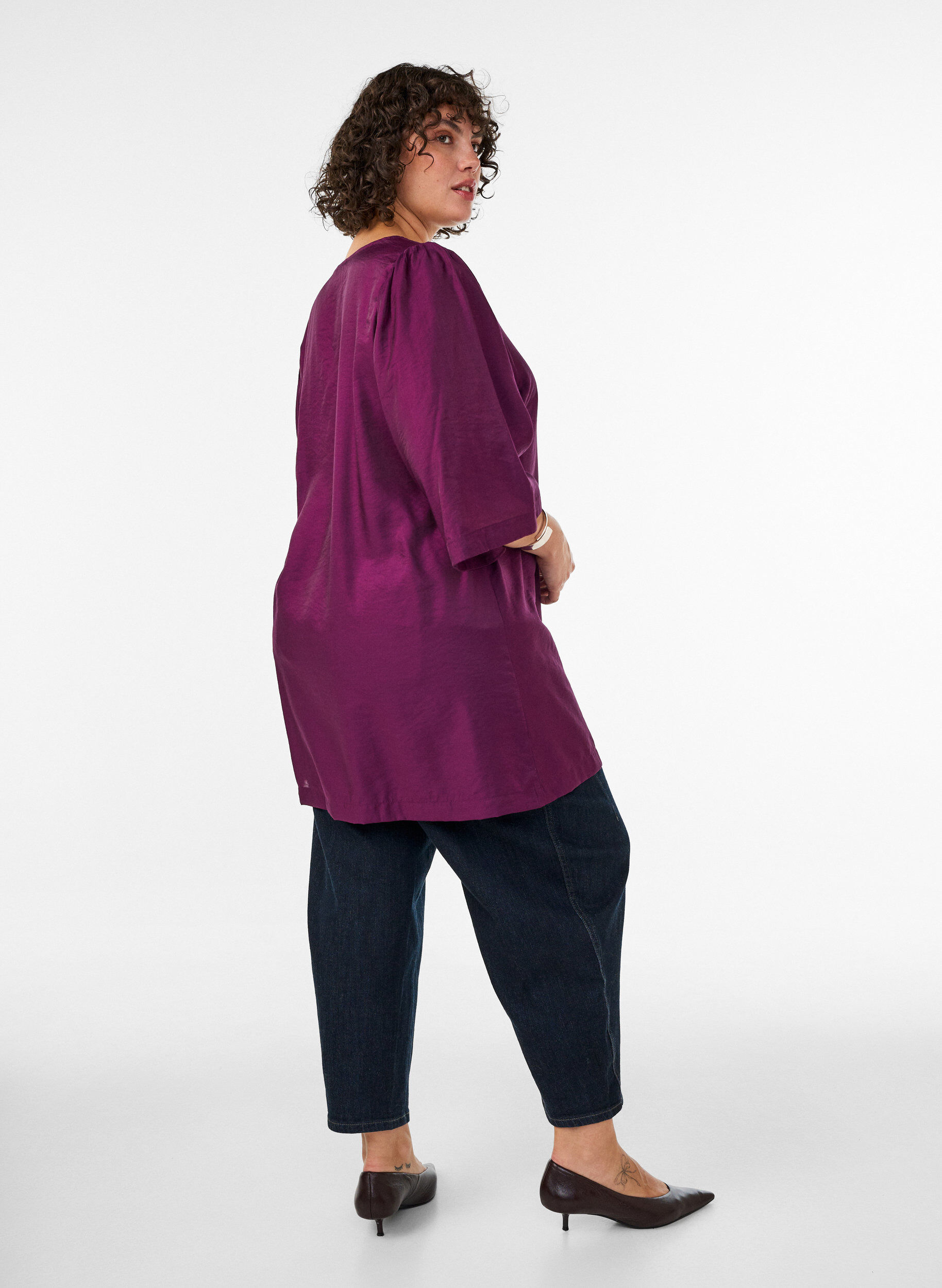 ZizziGlanzende tuniek met V-hals en 3/4 mouwen, Paars, Model image number 2