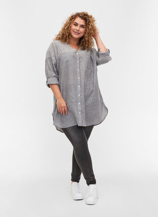 Gestreepte blouse in 100% katoen, Black Stripe, Model image number 3