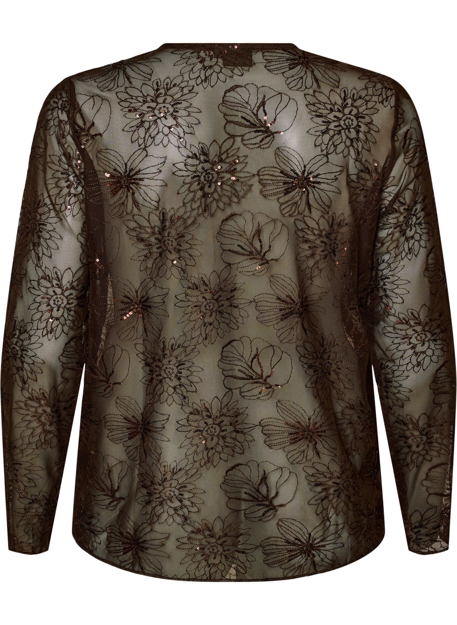 ZizziBlouse en mesh avec fleurs et sequins, Marron, Packshot image number 1