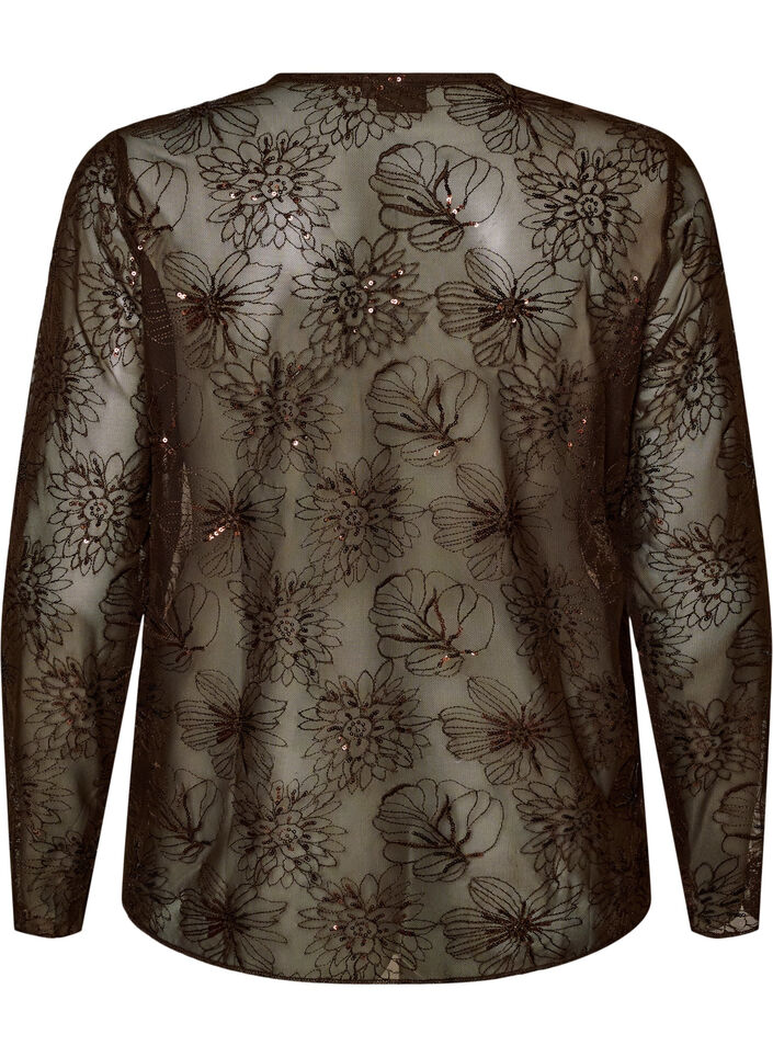 Blouse en mesh avec fleurs et sequins, Marron, Packshot image number 1