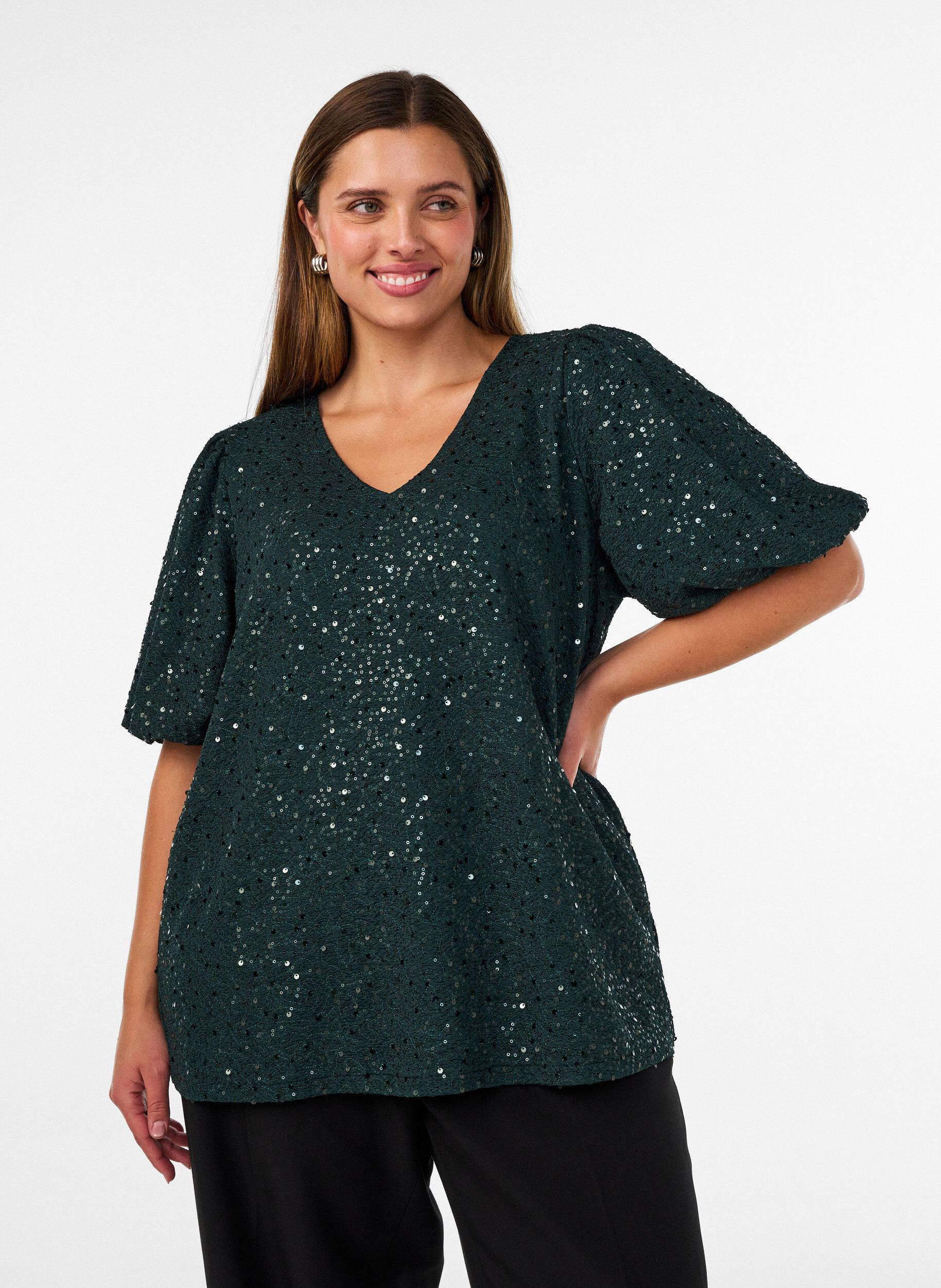 Blouse &agrave; sequins avec manches ballon, Vert fonc&eacute;, Model