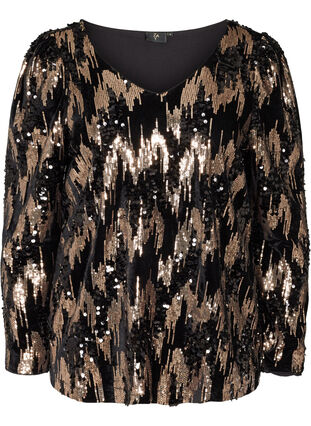 Velours blouse met lange mouwen en pailletten, Black w. Sequins, Packshot image number 0