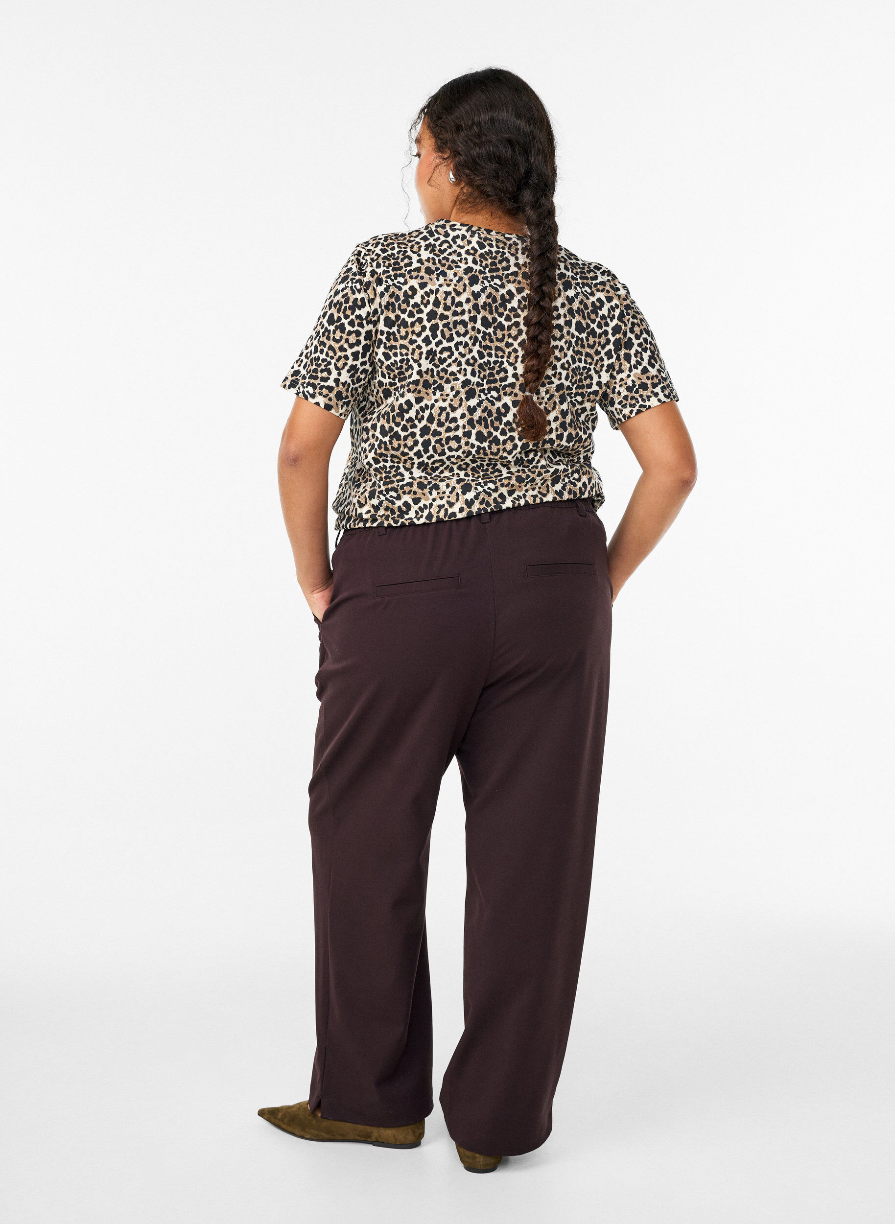 ZizziBroek met hoge taille en elastische tailleband achteraan, Bruin, Model image number 1