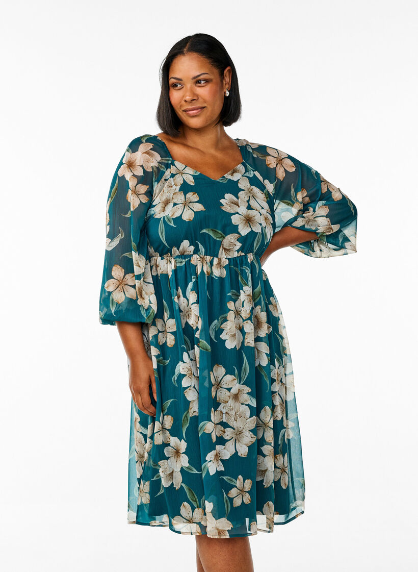 Chiffon feestjurk met lange mouwen, Groen, Model image number 0
