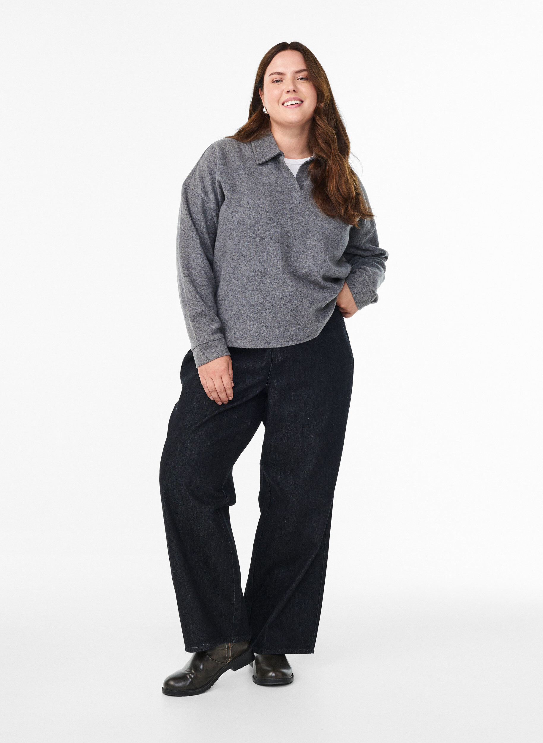 ZizziJersey blouse met kraag en V-hals, Grijs, Model image number 1