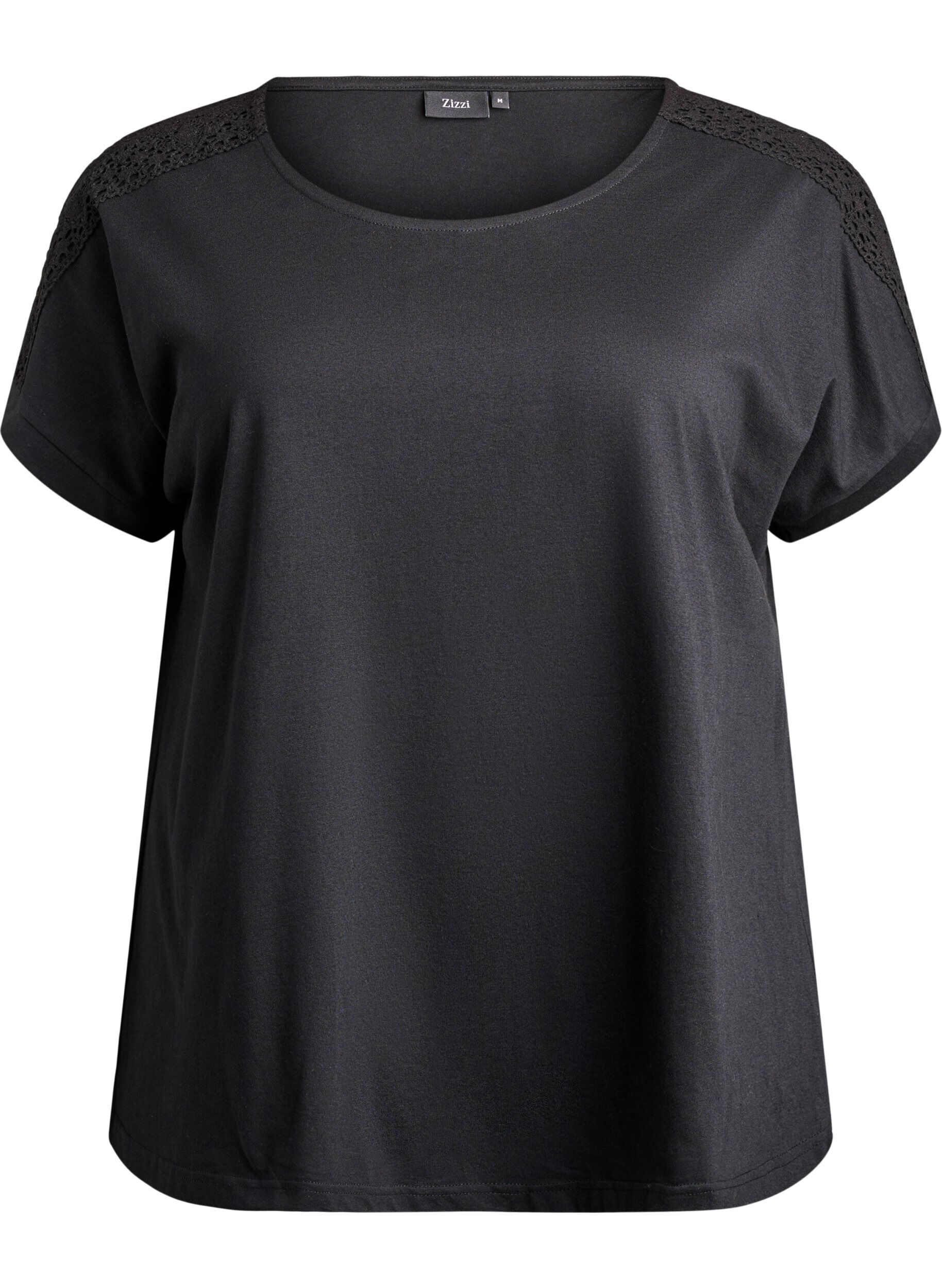 ZizziT-shirt en coton avec d&eacute;tails au crochet, Noir, Packshot image number 0