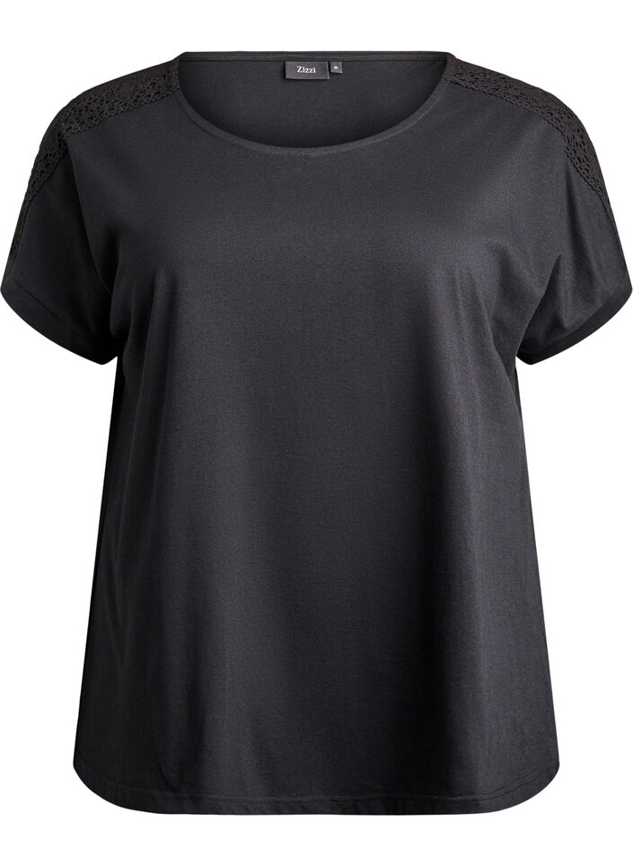 T-shirt en coton avec d&eacute;tails au crochet, Noir, Packshot image number 0