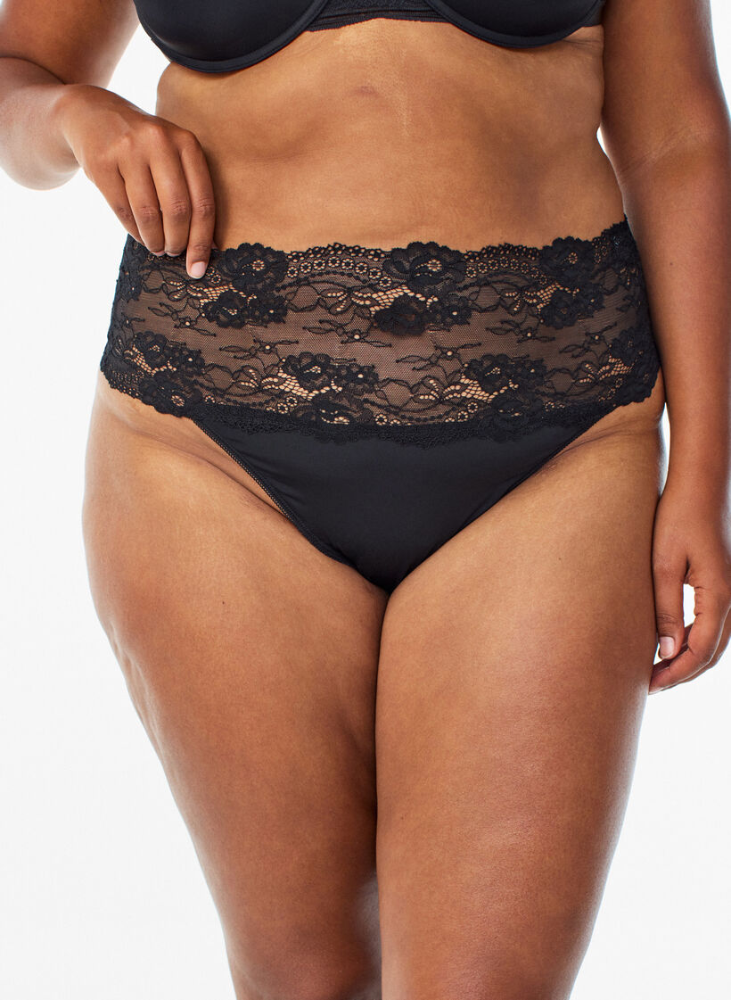 String lot de 2 avec bord large en dentelle, Noir, Model image number 2