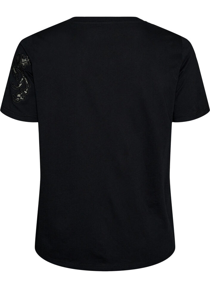 T-shirt en coton avec appliqu&eacute;s en dentelle, Noir, Packshot image number 1