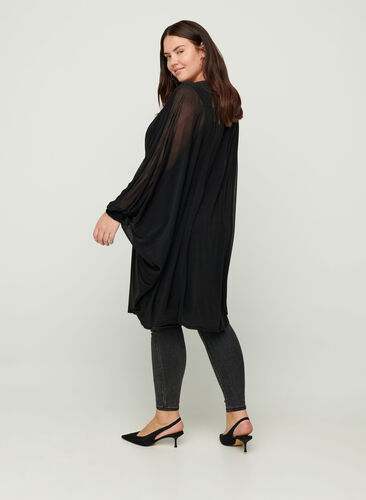 Robe à manches longues avec col V et smocks, Black, Model image number 1