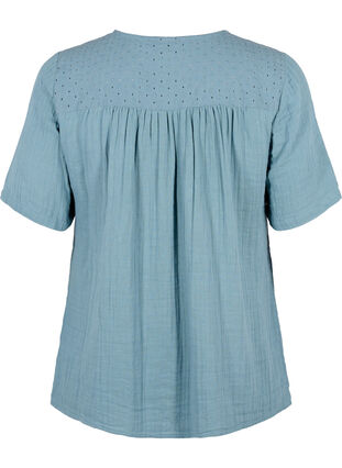 Katoenen blouse met borduursel en korte mouwen, Smoke Blue, Packshot image number 1