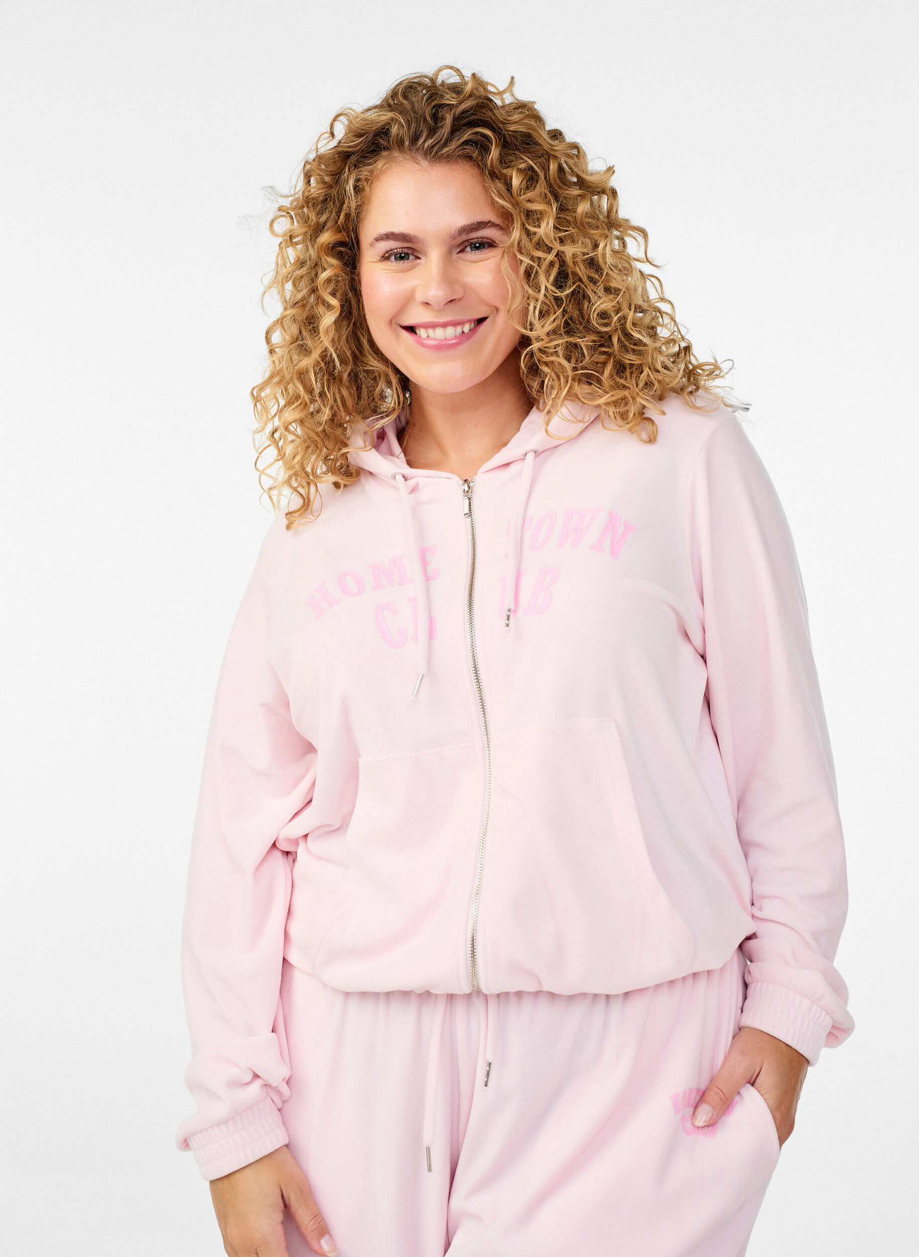 Zachte velours hoodie met ritssluiting, Roze, Model