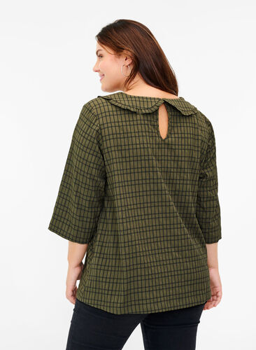 Geruite blouse met 3/4-mouwen en kraag met ruches, Ivy Green Check, Model image number 1