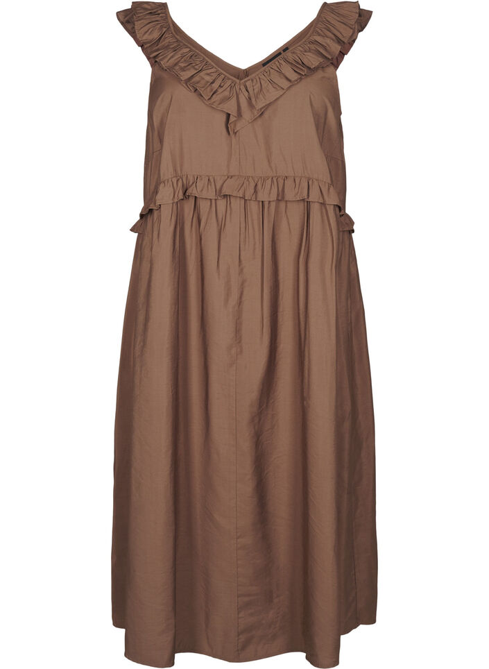 Robe midi sans manches avec détails de volants, Marron, Packshot image number 0