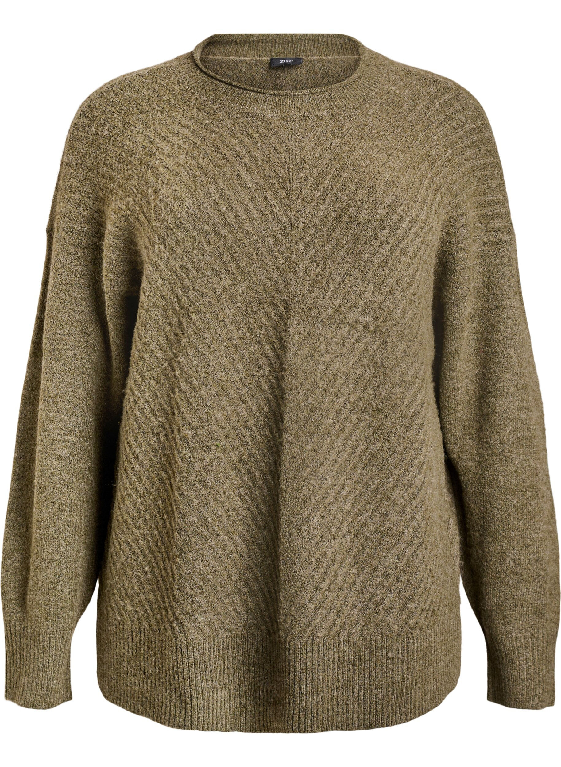 ZizziGebreide blouse met V-vormig geribd patroon en zijsplitjes, Groen, Packshot image number 0
