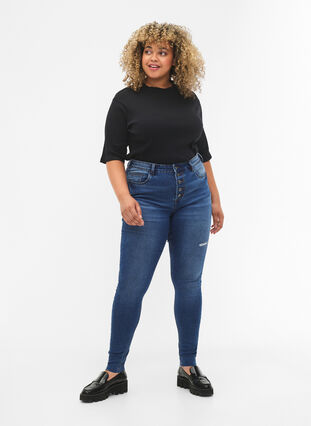 Amy jeans met hoge taille en knopen, Blue denim, Model image number 0