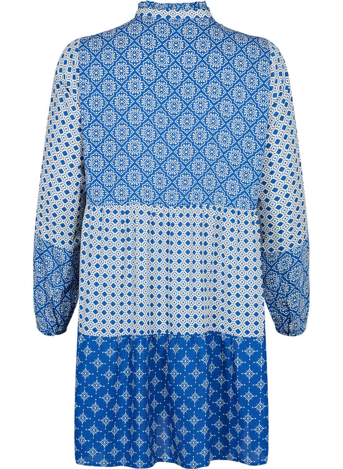 Robe trap&egrave;ze avec motifs et lignes de coupe, Blue AOP, Packshot image number 1