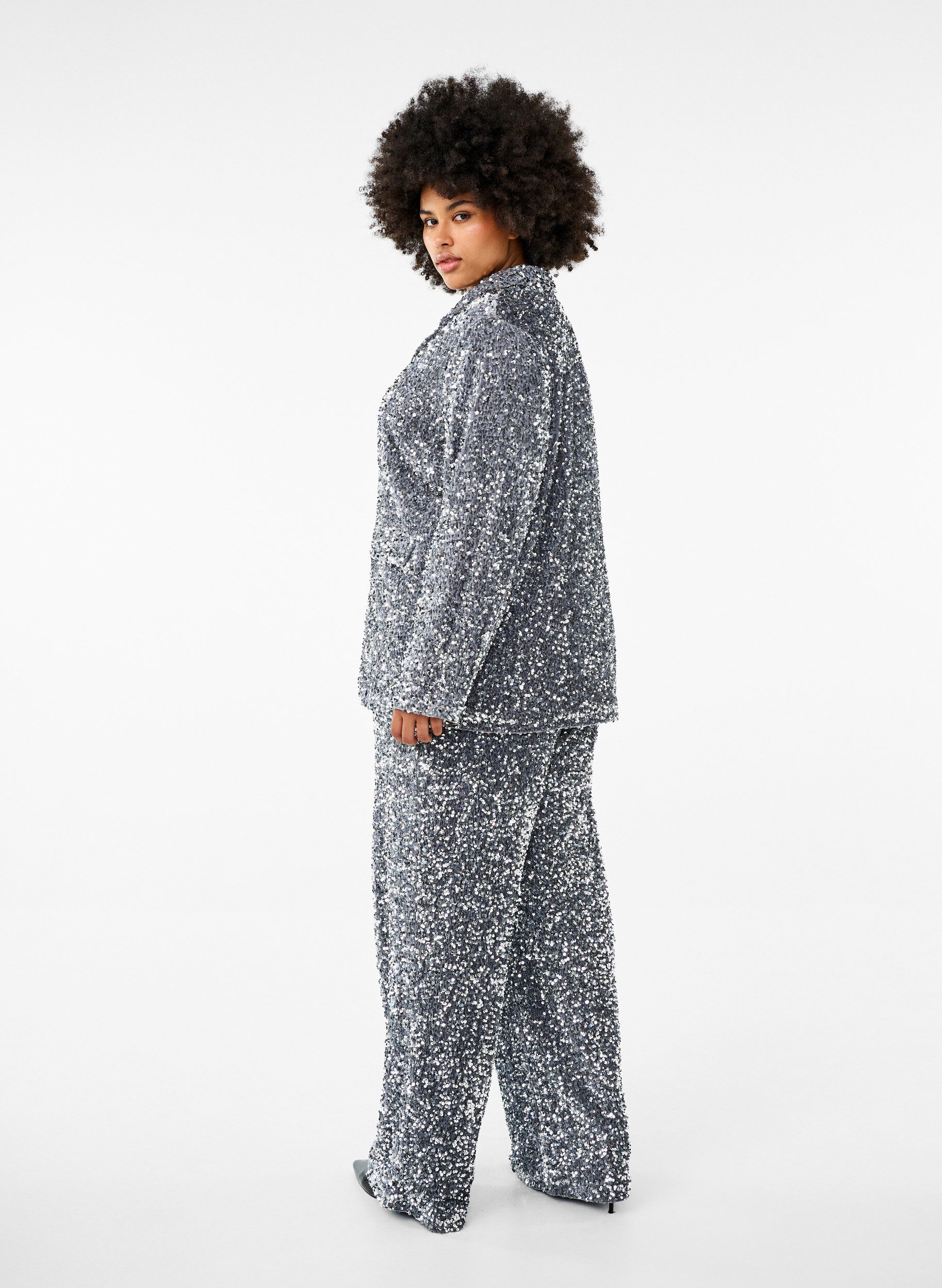 ZizziLosse paillettenbroek met hoge taille, Silver, Model image number 1