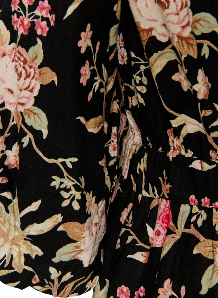 Bloemenjurk in linnen en viscose met een empirelijn, Zwart, Packshot image number 3