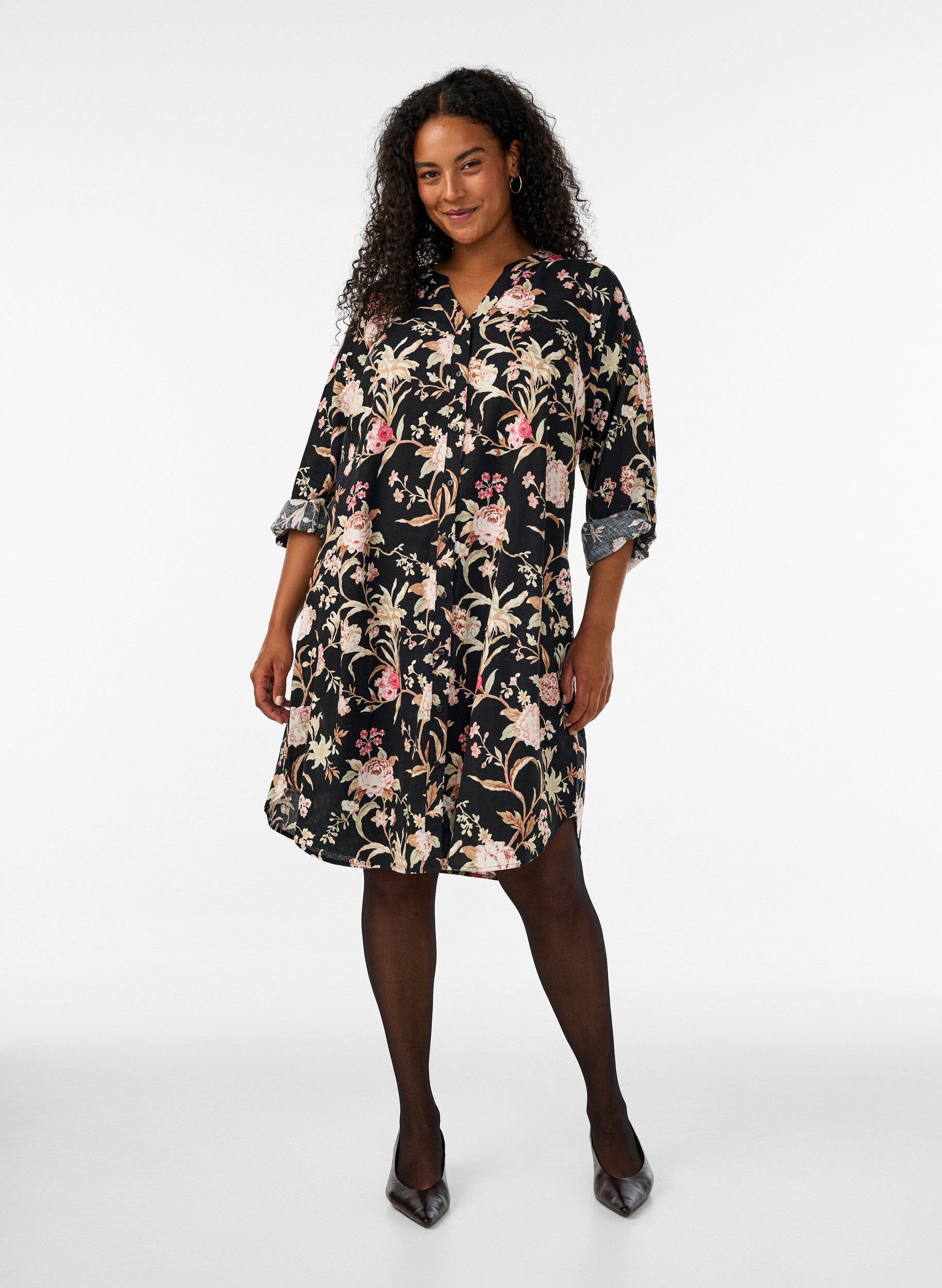 ZizziLang shirt in linnen en viscose, Zwart, Model image number 1