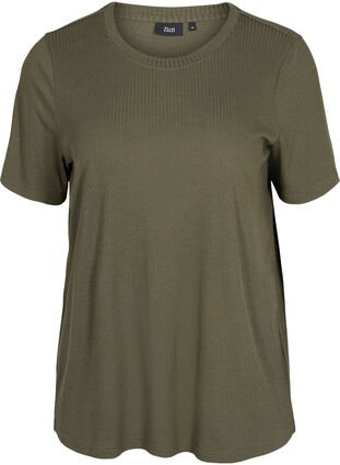 T-shirt met korte mouwen in ribstof, Dusty Olive, Packshot image number 0